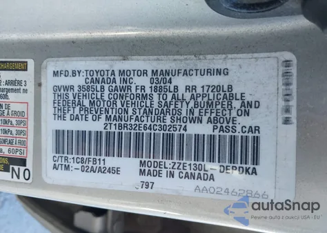 2004 Toyota Corolla Ce z USA, uszkodzony, nr VIN 2T1BR32E64C302574